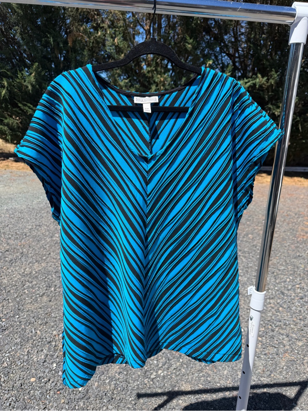 Dana Buchman Turquoise & Black Striped V-Neck Blouse